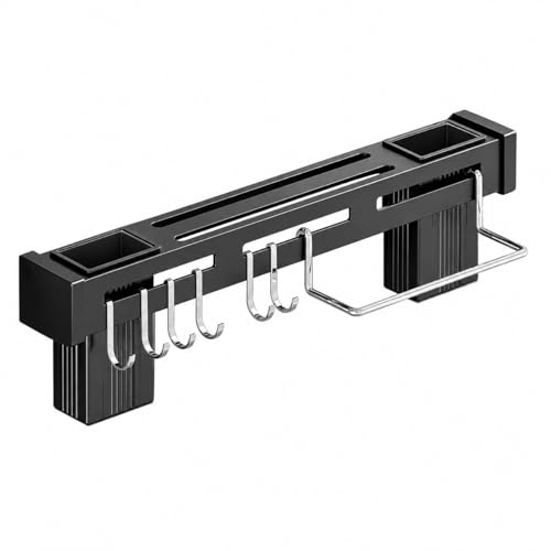 Image of Wall Mounted Knife Holder Rack with Hooks and Utensil Cups, Stainless Steel, Black, 40 cm