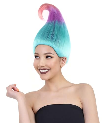 HPO Tri-Colour Pointy Troll Wig | Vibrant Fairy Hair for Women | Fun Halloween Cosplay & Festival Costume Accessory with Breathable Cap - Blue Purple & Pink Blend