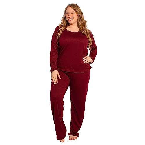 Pijama De Inverno Feminino Plus Size Manga Longa Linha Noite Cor:Vinho;Tamanho:50