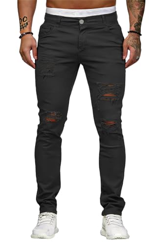 Image of HUNGSON Men's Blue Slim Fit Jeans Stretch Destroyed Ripped Skinny Jeans Side Striped Denim Pants