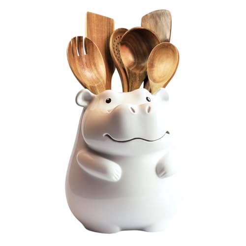 Bicuzat Ceramic Cartoon Animal Pattern Kitchen Utensil Holder Large Cooking Utensil Crocks for Kitchen Countertop Cartoon Style Utensil Organizer - Hippo