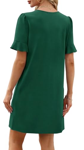 Image of OFEEFAN Summer Dresses for Women Ruffle Short Sleeve V Neck Casual Shift Dress with Pockets