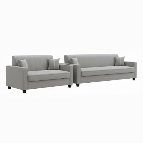 Image of FURNY Cosmos 5 Seater Fabric 3+2 Sofa Set (Light Grey Color) Premium Velvet Finish | Durable Comfort | Ideal for Living Room