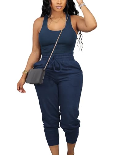 Women’s Fashion Ensemble Sleeveless Polyester Vest Matching Set with Shorts in Green - Navy Blue L2