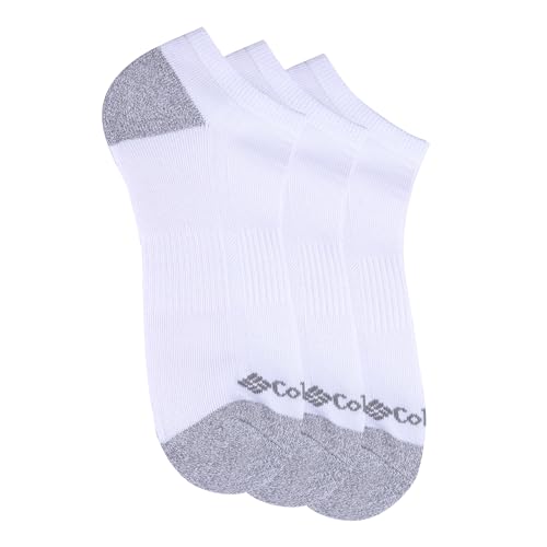 Columbia Men's Half Cushion No-Show Socks 3 Pair, White w/Contrast Heel & Toe, One Size