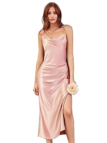 Casual Split Thigh Cami Midi Dress Satin Cami Dress Elegant Satin Silk Slip Maxi Dress for Wedding Guest Women- Cowl Neck Pleated Bust Split Wedding Guest Cocktail Midi Dresses Blush Pink