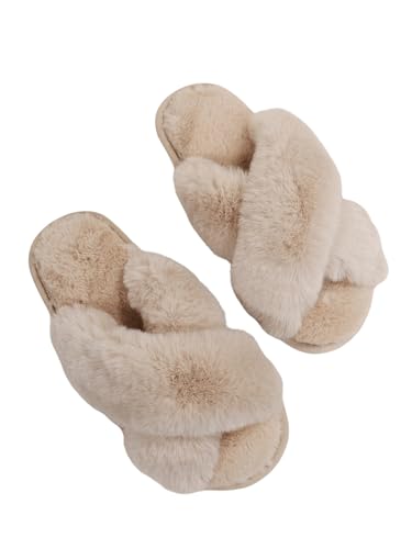 OYOANGLE Women's Cross Band Fuzzy Slippers Furry Open Toe Slip on House Shoes Soft Comfy Slide Slippers