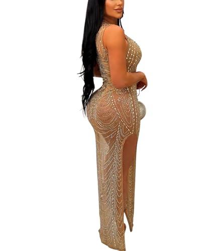 Image of PORRCEY Women's Sexy Hot Drilling Craft Dress Bodycon Party Club Night Out Mesh See Through Maxi Dress(6733,Beige,XXL)