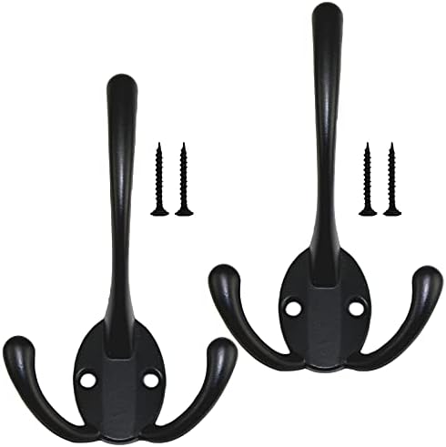 2 PCS Black Coat Hooks, Double Robe Hooks Vintage Wall Hooks Heavy Duty Door Hooks Wall Mounted Coat Rack Retro Metal Clothes Hooks with 4 Screws for Kitchen Bathroom Bedroom Wall Door Wood Rail