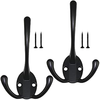 2 PCS Black Coat Hooks, Double Robe Hooks Vintage Wall Hooks Heavy Duty Door Hooks Wall Mounted Coat Rack Retro Metal Clothes Hooks with 4 Screws for Kitchen Bathroom Bedroom Wall Door Wood Rail