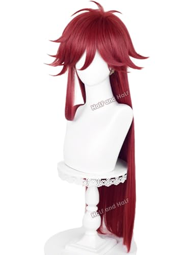 Image of Half and Half Gre-ll Cosplay Wig Long Straight Red Anime Wig with Layered Bangs 35.4'' Deep Red Death Costume Wigs Rose Red Male Women Wig for Halloween Party Costumes