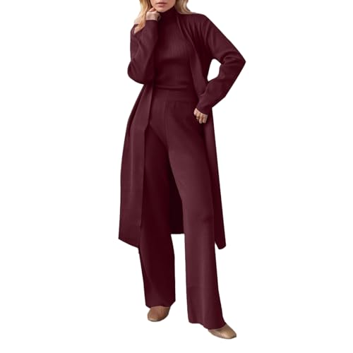 3Pcs Women's Knitted Pants Suit with Cardigan Turtleneck Sweater Set,