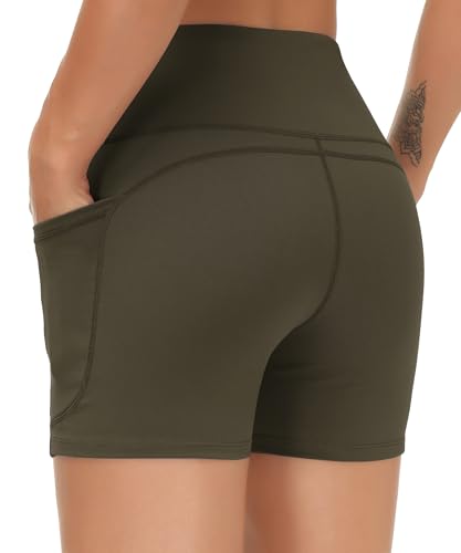 Image of THE GYM PEOPLE High Waist Yoga Shorts for Women's Tummy Control Fitness Athletic Workout Running Shorts with Deep Pockets