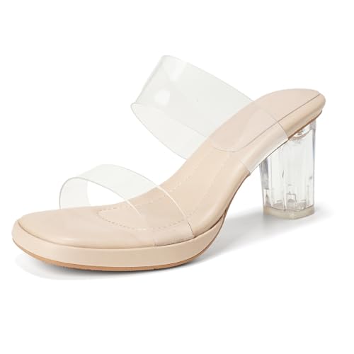 Women's Clear Two Strap High Heel Sandals Fashion Backless Slip On Transparent Heeled Soft Platform Sexy Mules Summer Party Wedding Prom Dress Shoes