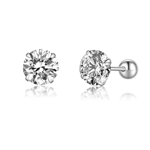 SLUYNZ Sterling Silver Round Simulated Diamond Stud Earrings for Women Teens Round CZ Stud Earrings Set Screw Back Small CZ Ear Stud