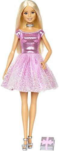 Barbie Happy Birthday Doll with Blonde Hair and Blue Eyes, Pink Glitter Party Dress, Gift and Silvery Accessories (Amazon Exclusive)