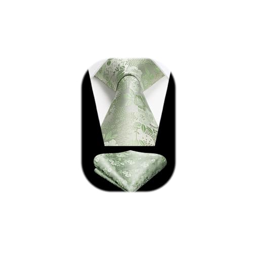 HISDERN Ties for Men Wedding Tie and Pocket Square Floral Silk Tie Set for Party Business Sage Green