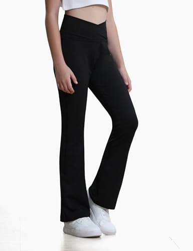 Girls Flare Leggings Black Pink Crossover High Waisted Workout Running Dance Bootleg Yoga Pants2