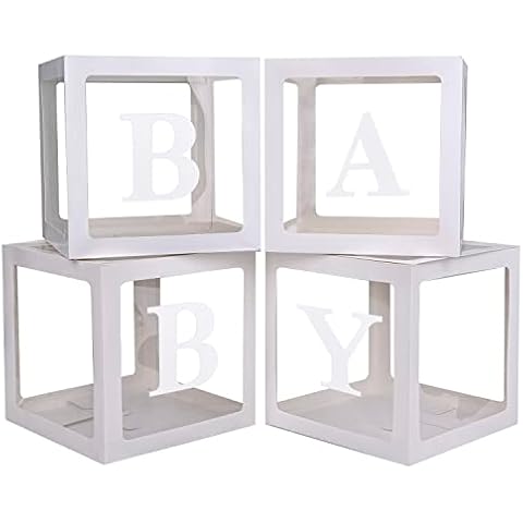 PABUES Baby Boxes with 4 PCS Letters for Baby Shower White Clear Balloon Box Blocks Gender Reveal Decorations and Birthday Party (White) Cover