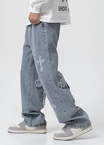ORANDESIGNE Baggy Jeans Bedruckt Herren Men Hip Hop Baggy Jeanshose Teenager Jungen Bein Jeans Skateboard Hose Streetwear ZD Blau XS