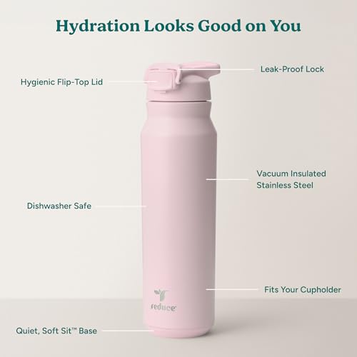 Image of REDUCE 32 oz Hydrate Pro Stainless Steel Insulated Water Bottle - Flip Top Leak-Proof Lid, Dishwasher Safe, BPA-Free, Dual Wall Vacuum, Keeps Drinks Cold for 48 Hrs, Cup Holder Friendly - Pink Quartz
