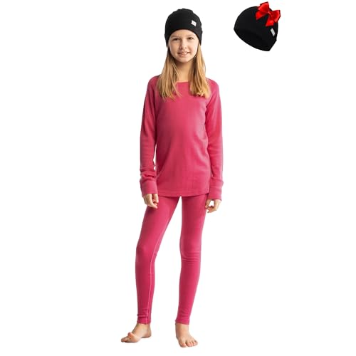 Merino Wool Base Layer Kids Set - Midweight Unisex Merino Wool Thermal Underwear For Kids Top Bottom Cuff Beanie (Large Pink)