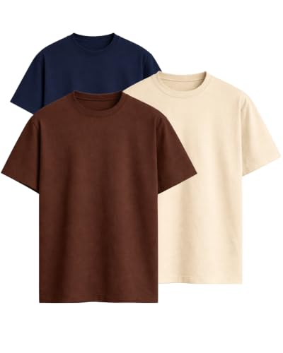 Image of VEL Plain 100% Heavy Cotton Oversized T-Shirt Baggy Fit Drop Shoulder Half Sleeves Round Neck Solid 100% Cotton T-Shirt for Men (Pack of 3)