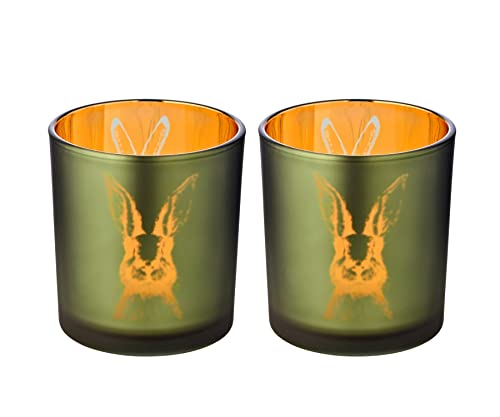 EDZARD Set of 2 Tea Light Holders Rabbit (Height 8 cm Diameter 7 cm) Green Outside/Gold Interior - easter votive candle holders, bunny tealight holders, green gold votive candle glass