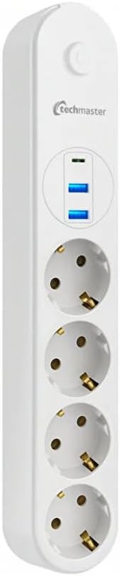 Techmaster 2 Usb+Type-C Akım Çocuk Korumalı 4lü Priz 2mt Beyaz