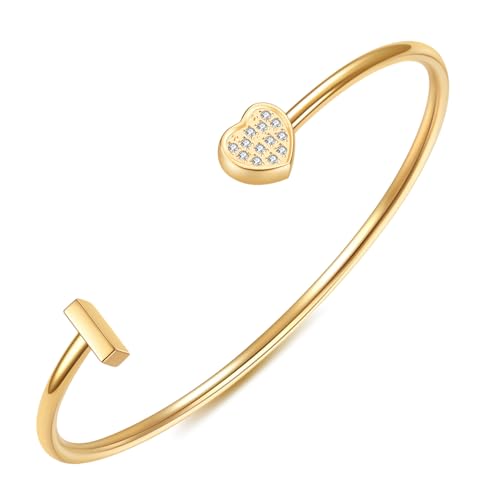Image of VQYSKO Heart Initial Cuff Bracelets for Woman-CZ Stainless Steel Adjustable Open Bracelet Woman Jewellery,Birthday Gifts for Woman