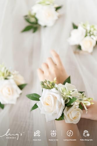 Ling's moment 6pcs Wedding Wrist Corsage Artificial Flowers, Girl/Mother Homecoming Prom Corsages Wristlet Décor, etc. White Ivory