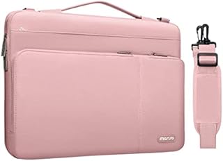 MOSISO 360 Protective Laptop Shoulder Bag Compatible with MacBook Air/Pro,13-13.3 inch Notebook,Compatible with MacBook Pro 14 inch 2022 2021,Side Open Sleeve with 3 Front Pockets&PU Handle&Belt, Pink