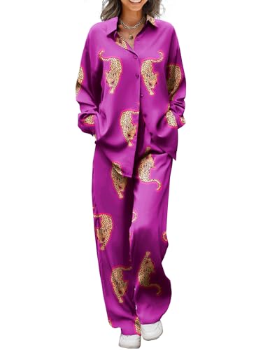 Ekouaer Womens Satin Silky Pajama Set 2 Piece Print PJs Soft Loungewear Button Down Sleepwear with Elastic Waist Long Pants