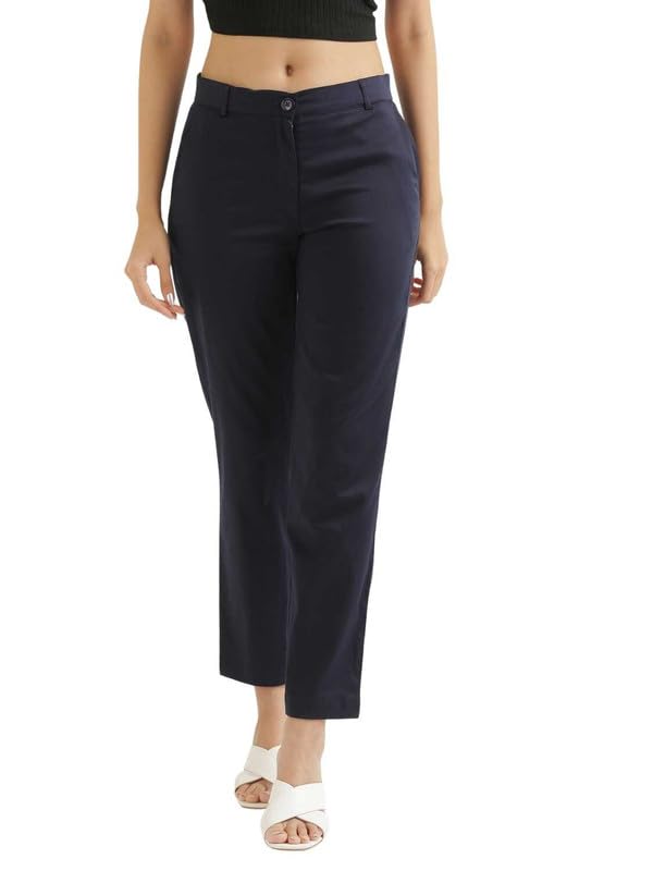 Image of SAADAA Women Pants Formal Straight Fit Cotton Satin Lycra Pant, Regular Fit Trouser for Office Work & Casual wear- Mid Rise, Elasticated Waistband, 4 Deep Pockets