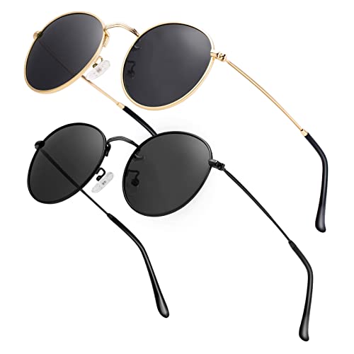 Htms Small Round Metal Polarized Sunglasses for Women Retro Designer Style Fashion Trendy Sun Glasses (Gold Frame Black Lens and Black Frame Grey Lens)