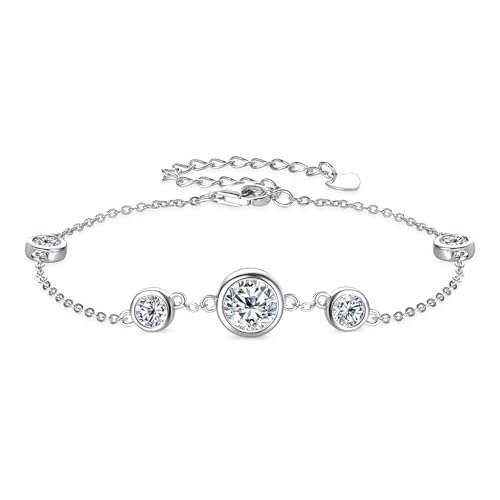 WOAINI Adjustable Sterling Silver Bracelet with 4 or 5 Moissanite Pendants Bezel-Setting, Moissanite bracelets Diamond-Alternative Gift for Women, 6.5