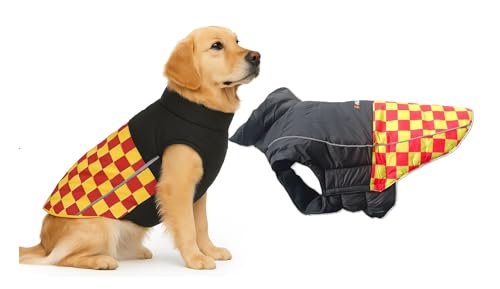Image of The Pets Company Dog Winter Coat Jacket, Clothes, Windproof, Waterproof, Light Weight, Washable, Ultra Warm Thick Fleece Lined Dog Vest for Cold Weather Protection, (Yellow Check, Large - 26 Inch)