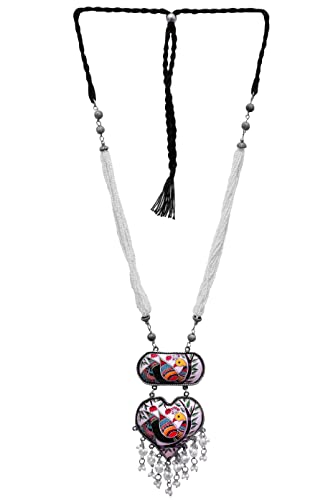 Afghani Ethnic Indian Silver Oxidized Fashion Handmade Pearl Handpainted Long Necklace Jewelry3