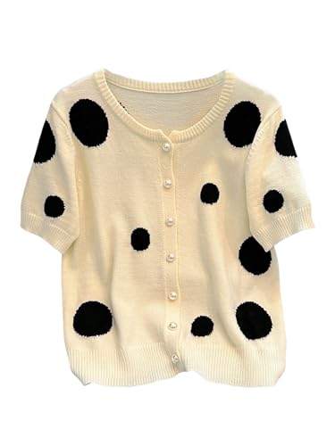 WDIRARA Women's Polka Dots Pearl Button Down Cardigan Sweater Crew Neck Short Sleeve Knit Top