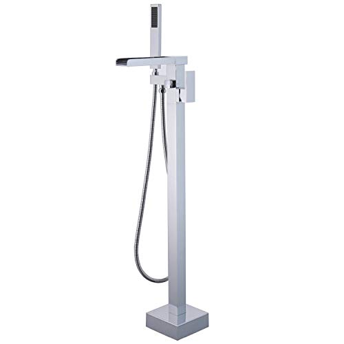 Rubinetto per Vasca pavimento in piedi da Bagno con Beccuccio a Cascata e spruzzatore a mano, Cromo Lucido, cromo lucido, Beelee BL19007