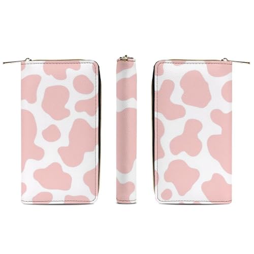 Women's Travel Zipper Purse Fashion Design, Huge Storage Capacity Purse, Cute Decor Wallet, Long PU Wallet Cute Strawberry Pink Cow Print3