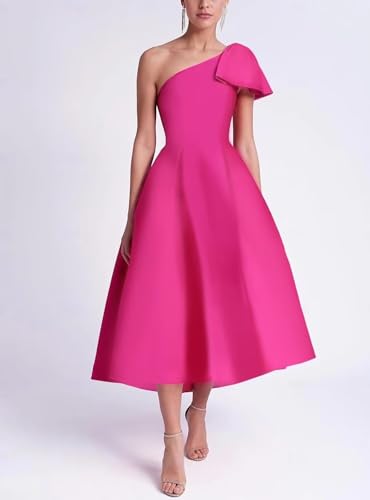 Eightale Satin One Shoulder Mother of The Bride Dress with Bow Tea Length Pleated A Line Formal Gown2