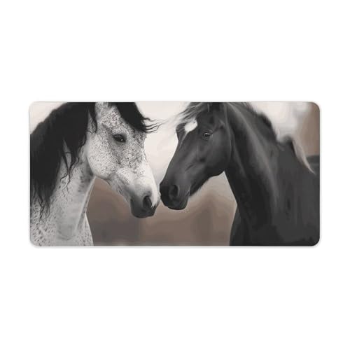 Black and White Horses Desk Mat Non-Slip Laptop Writing Pad Large Keyboard Mousepad with Rubber Base 23.6