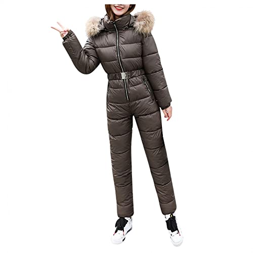 JUNJZ Einteiliger Skianzug Damen Reißverschluss Schneeanzug Winter Warme Snowboard Skisuit Winddichte Skianzüge Hoodie Ski Jumpsuit Outdoor Sports Skioverall mit Tasche Cover
