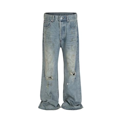 Men’s High-Waisted Blue Jeans, Y2K Streetwear Style, Wide Leg, Ripped Denim Pants for Fall