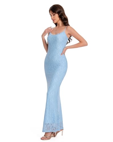 Image of Women's Lace Maxi Dress Spaghetti Strap Slim Fit Sleeveless Gown with Lace Bust for Evening & Party