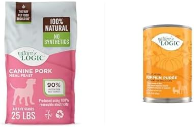 NATURE'S LOGIC Dry Dog Food Pork Meal Feast, 25lbs & Pumpkin Puree Topper