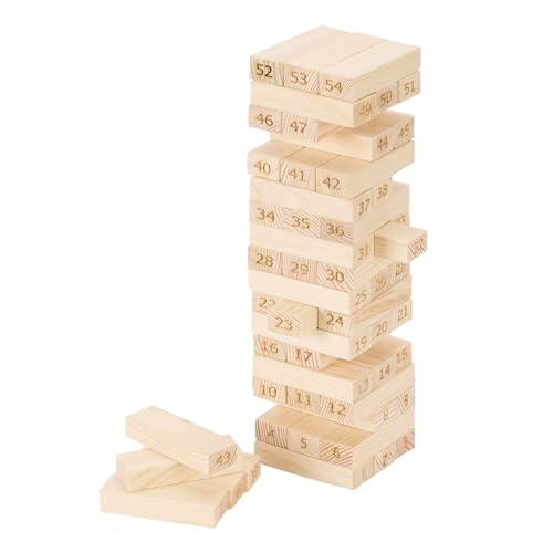 Image of Amazon Brand - Jam & Honey- 54pcs Premium Hardwood Tumbling Tower,4 Dices | Wooden Building Blocks | Stacking Tower Game |Party Game, Birthday Gift for Adults and Kids Age 6+, Multiplayers