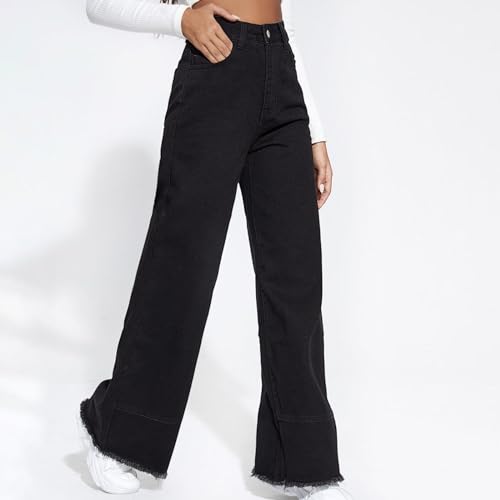 Women's Baggy Wide Leg Jeans High Waisted Casual Black Denim Pants Frayed Raw Hem Fashion Straight Leg Denim Slacks4