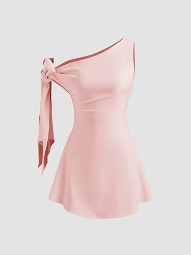 CIDER Women Mini Asymmetrical Neck Sleeveless Knotted Party Short A Line Dresses2